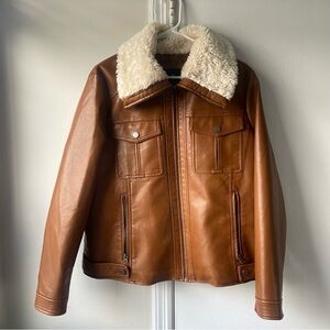 NEW 1X Brown Leather Jacket with White Fur, Button up with zipper and Collar